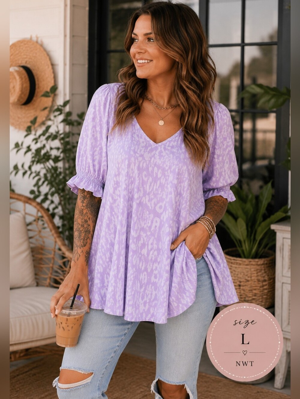 Umgee NWT Lavender Leopard Babydoll Blouse Puff Sleeve Size Large